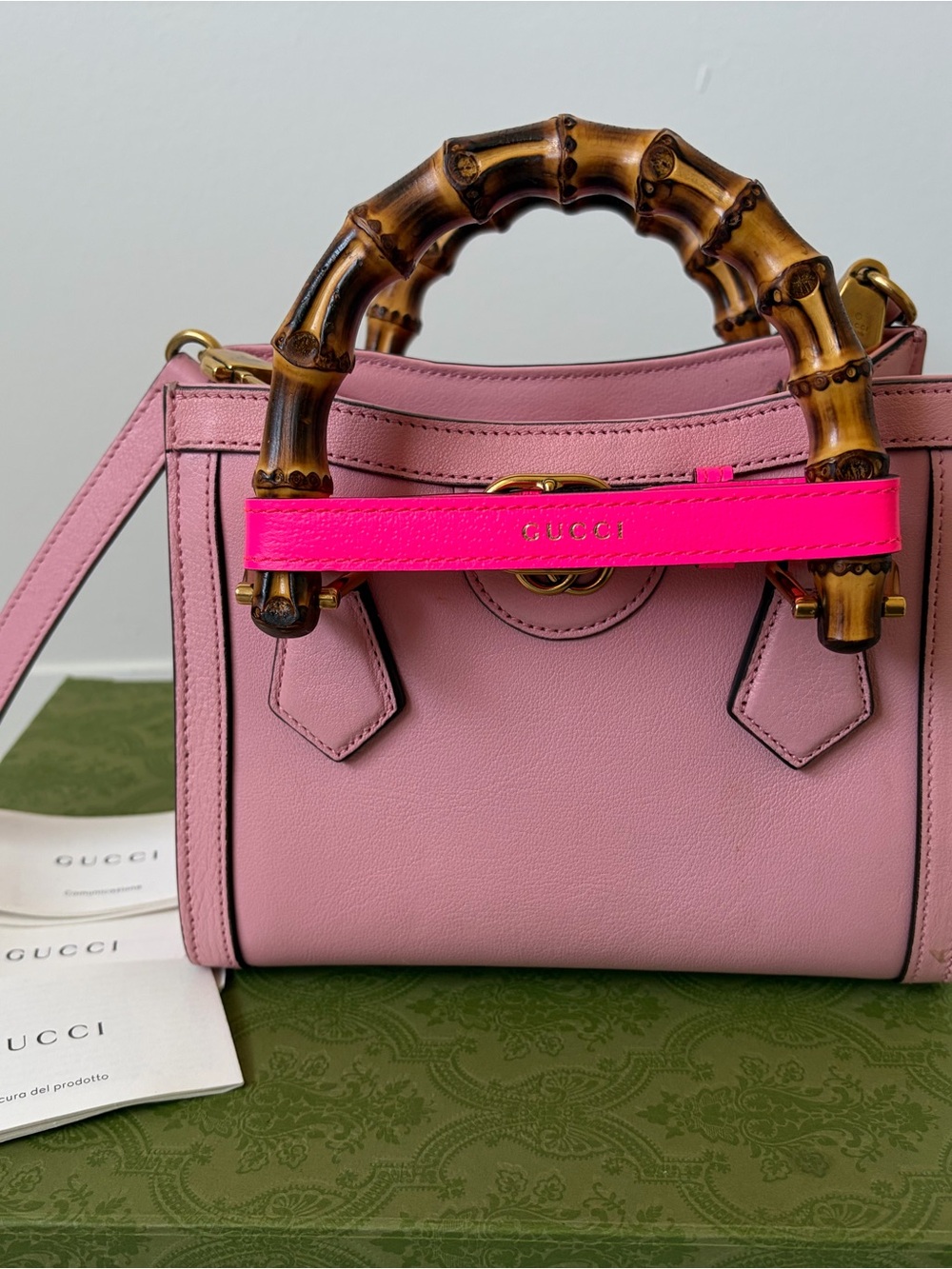 Gucci Pink Leather Mini Top-Handle Bag with Bamboo Handles and Neon Pink Strap - Picture 9 of 10